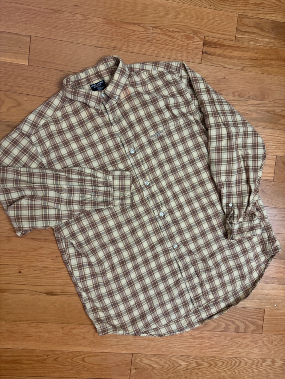 VTG Ralph Lauren XL Jean Company Black Label Beige and Brown Plaid Button-Down - Picture 2 of 9